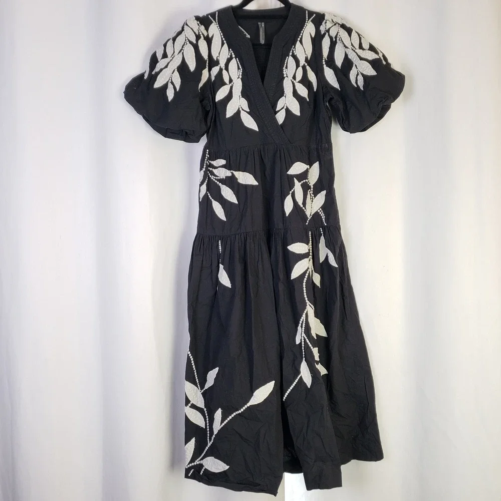 Anthropologie sz S Short Sleeve Black White Embroidered Leaf Midi Dress Smocked - Picture 2 of 8